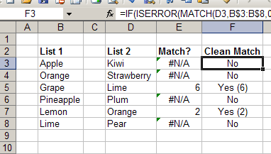 Using the MATCH function in Excel to compare two lists